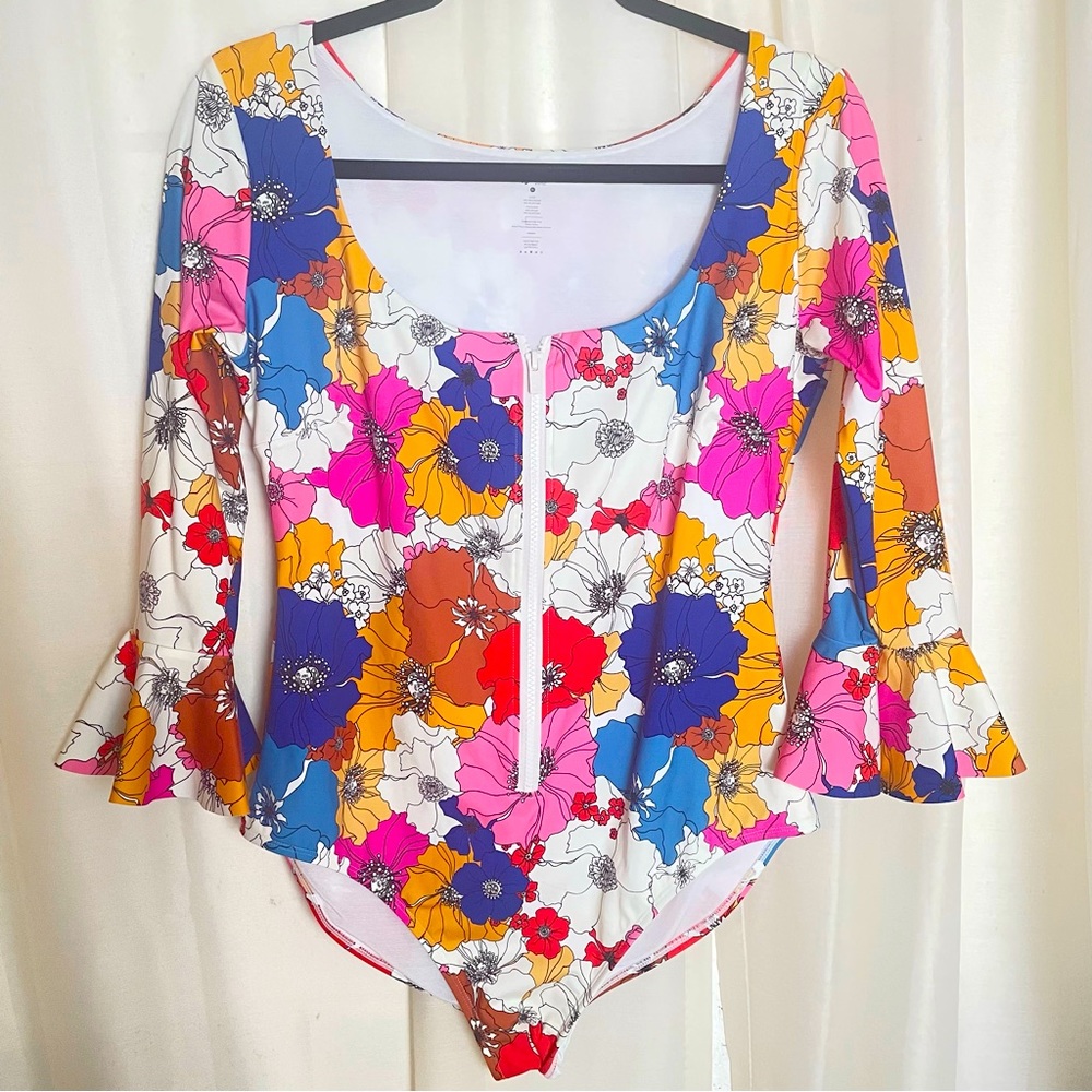 StylEst Shapewear designer zip front ruffle sleeve one-piece bodysuit swimsuit